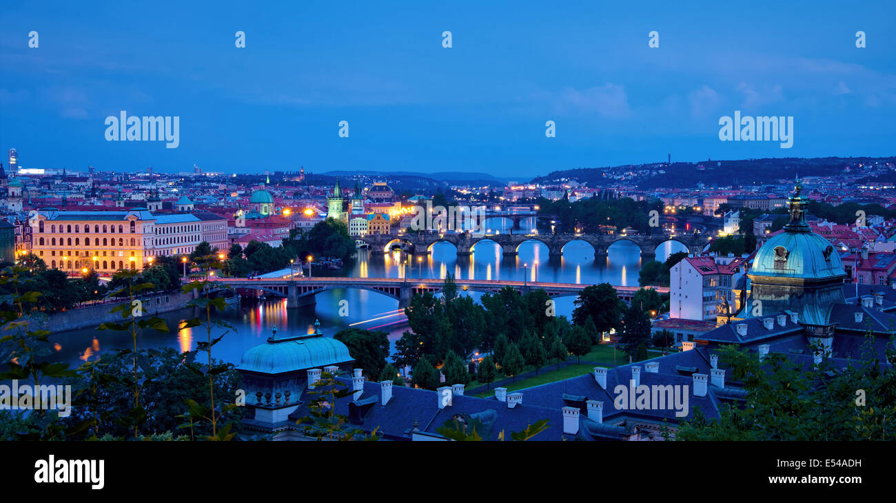 Night shot of the bridges over the Vltava river. Stock Photo