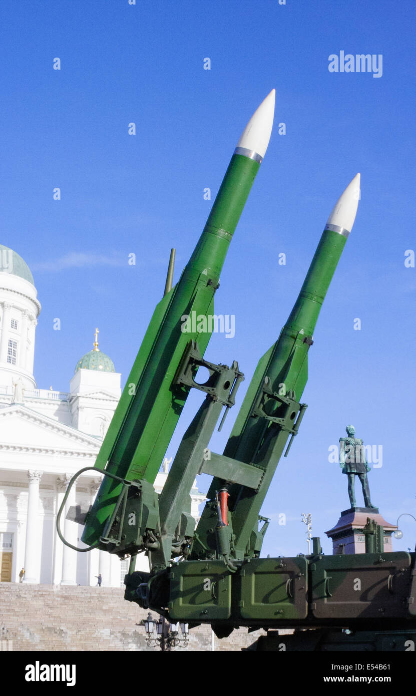 Two Buk-M1 surface-to-air missiles in a quadruple launcher, of the type used to shoot down Malesian Airlines flight MH17. Stock Photo
