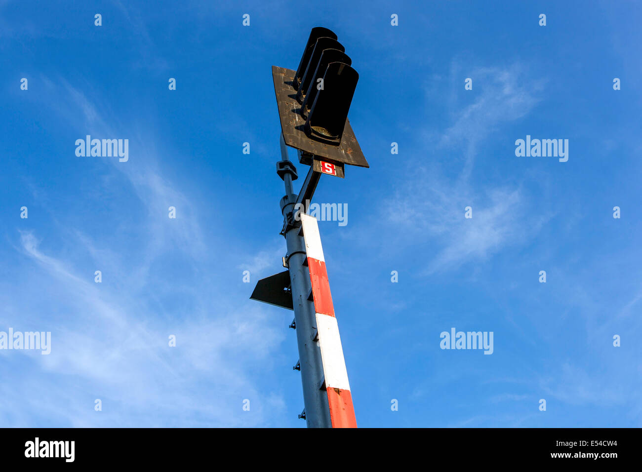 Railway Lights, Railroad lights train semaphore against blue sky Czech Republic Stock Photo