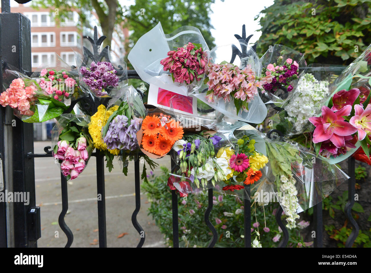 Hyde Park Gate, London, UK. Cards and flowers left outside the gates of the Dutch Embassy in London as a mark of respect for those who died on the plane in Ukraine. Credit:  Matthew Chattle/Alamy Live News Stock Photo