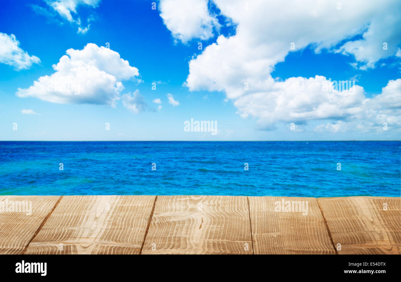 Tabletop with summer ocean background Stock Photo