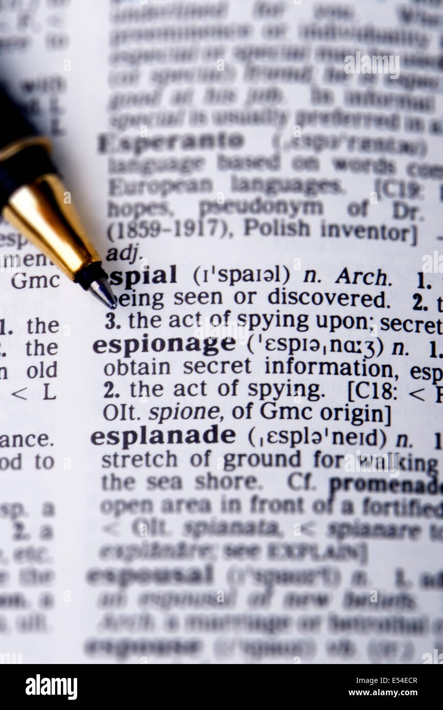 Dictionary entry for the word espionage Stock Photo