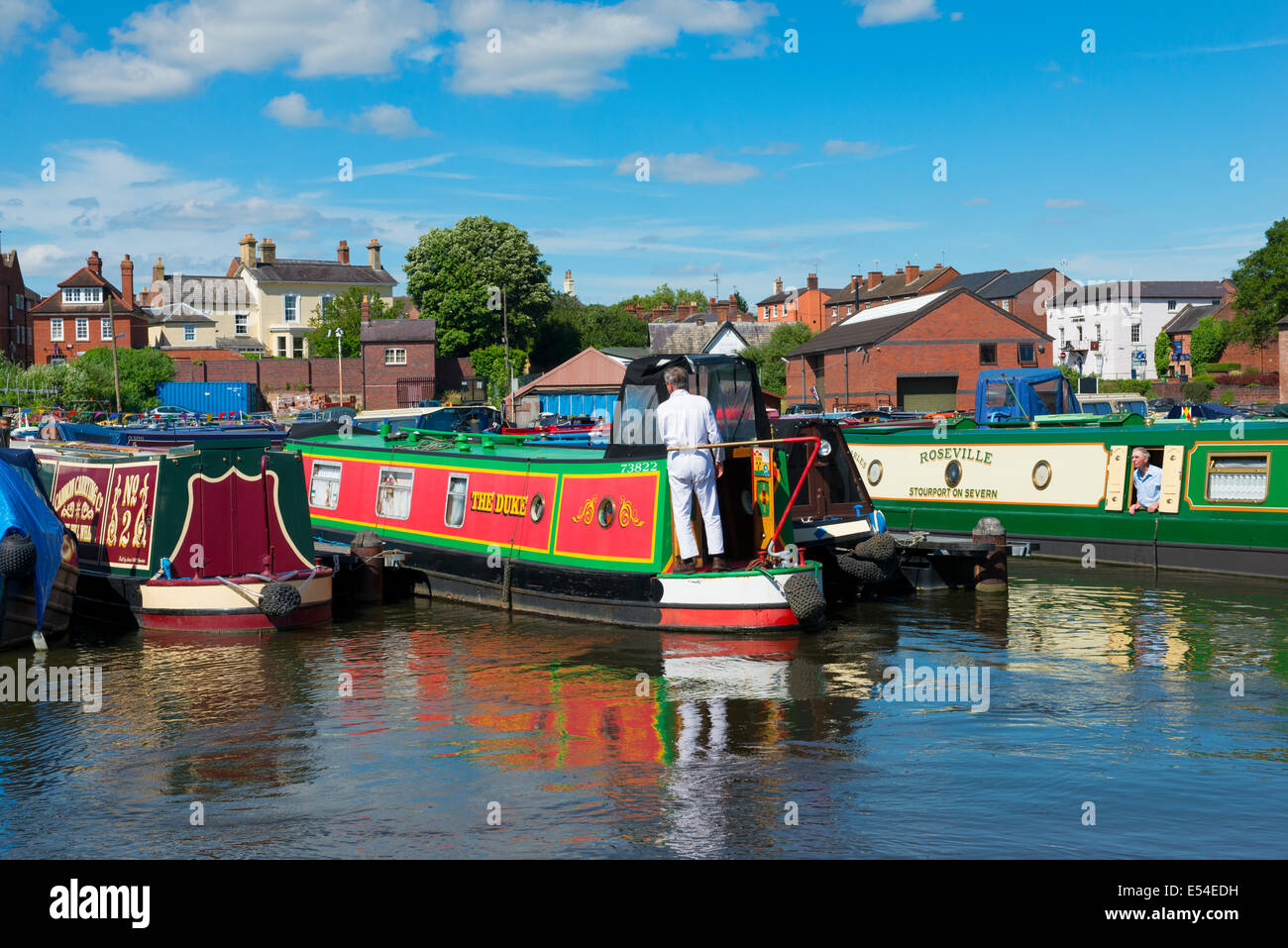 A canal boat being moored at the Stourport On Severn canal basin, Worcestershire, England, UK. Stock Photo