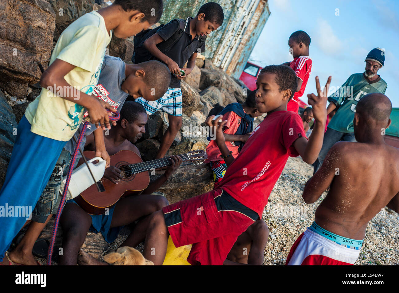 Young people on the beach in Mindelo, Sao Vicente Island, Cape Verde. Stock Photo