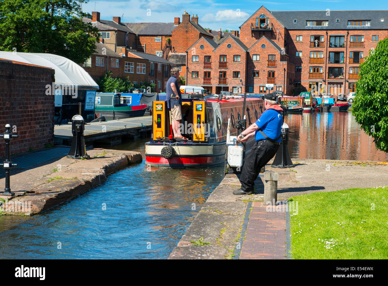 A canal boat exiting a lock on the Stourport On Severn canal basin ...