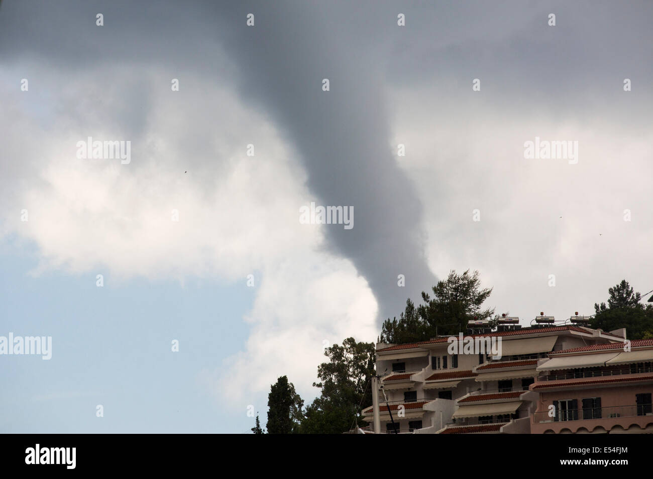 A tornado water spout casued by a severe thunder storm over Sivota, Greece, Stock Photo