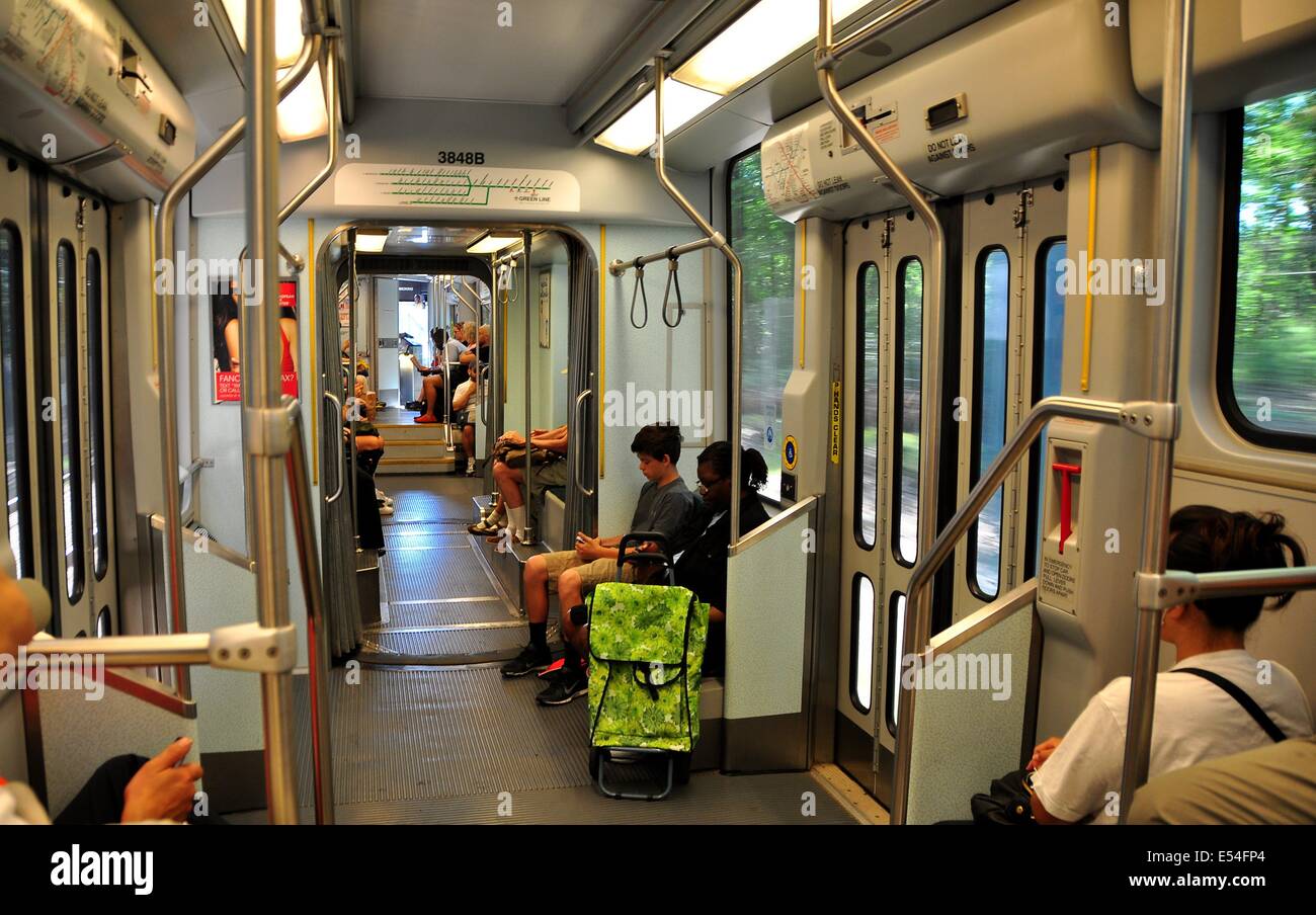 BOSTON, MASSACHUSETTS:  Interior of an MTA 'T' subway trolley-train on the D Riverside line Stock Photo