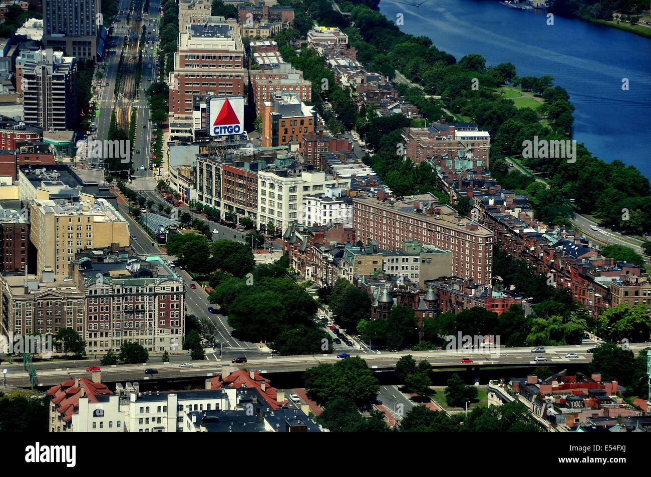 BOSTON, MASSACHUSETTS:  View from the Prudential Tower'sSkywalk to Kenmore Square with the landmark CITGO sign Stock Photo