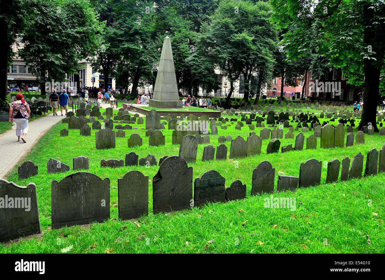 BOSTON, MASSACHUSETTS:  Row upon row of 18th century tombstones in the historic Grannary Burial Ground on Tremont Street * Stock Photo