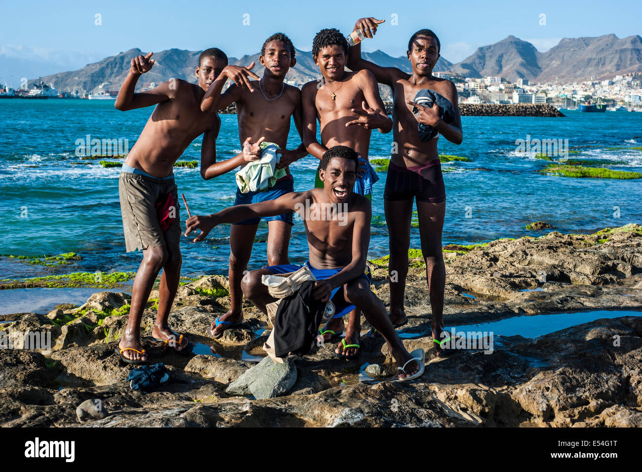 Young people on the beach in Mindelo, Sao Vicente Island, Cape Verde. Stock Photo
