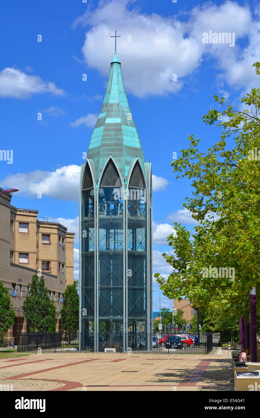 Basildon new town St Martins church freestanding glass Bell Tower Stock