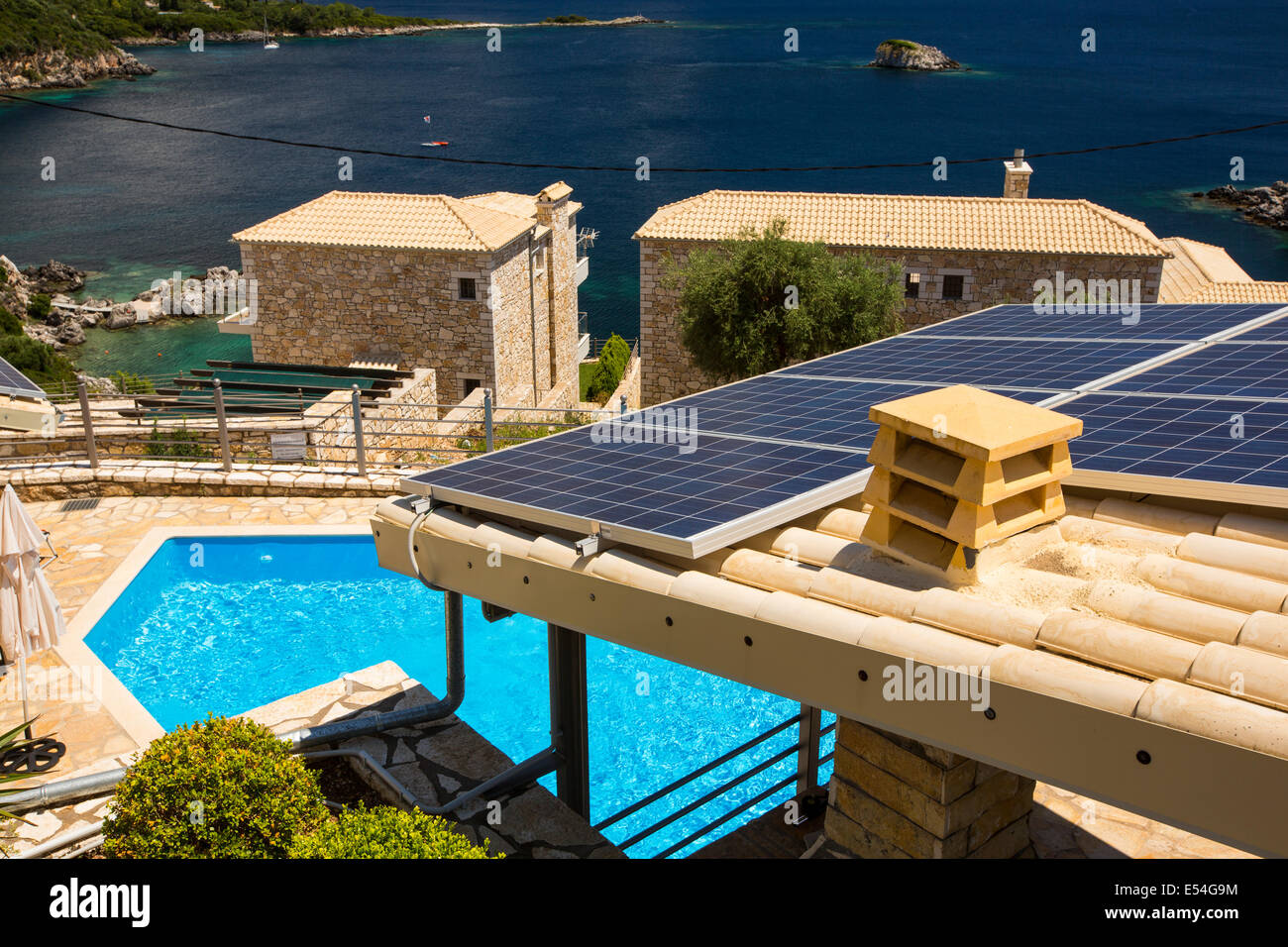 Solar panels on house in Sivota, Greece. Stock Photo