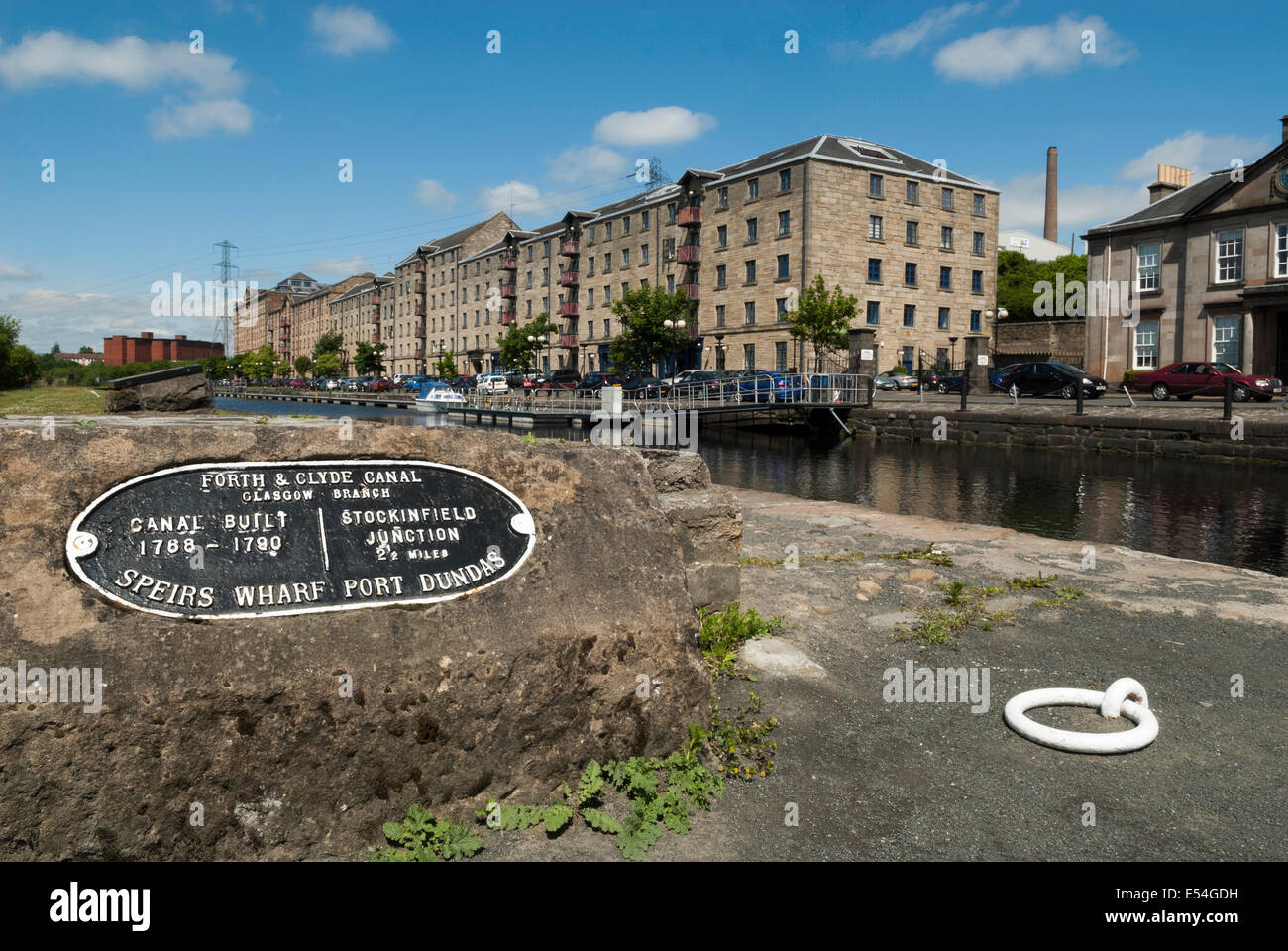 Speirs Wharf plaque at the Forth & Clyde Canal in Glasgow City Centre. Stock Photo