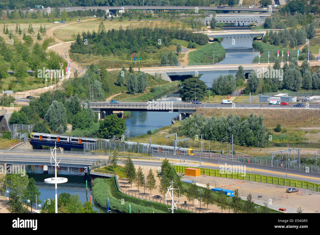 Some of the bridges constructed across the River Lea for the 2012 London Olympic games seen here after re landscaping Stock Photo