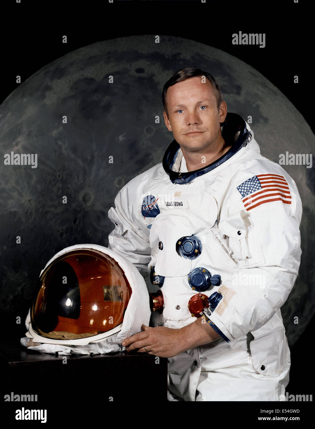 Portrait of the prime crew of the Apollo 11 lunar landing mission Commander, Neil A. Armstrong in spacesuit at Johnson Space Center May 1, 1969 in Houston, Texas. Armstrong became the first person to set foot on the lunar surface. Stock Photo
