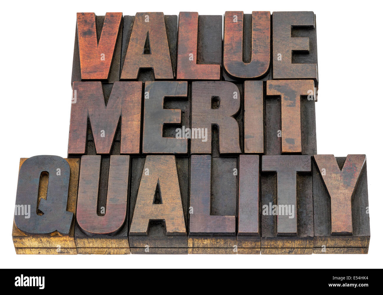 value, merit, quality - isolated word in vintage letterpress wood type with ink patina Stock Photo