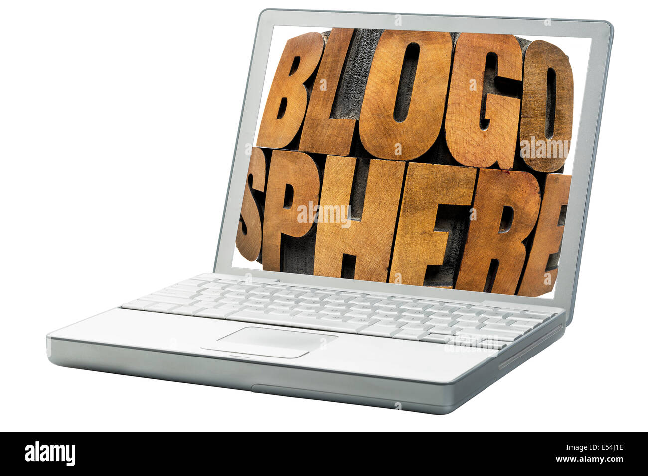 blogosphere word abstract in vintage letterpress wood type (fisheye perspective) on a laptop screen Stock Photo
