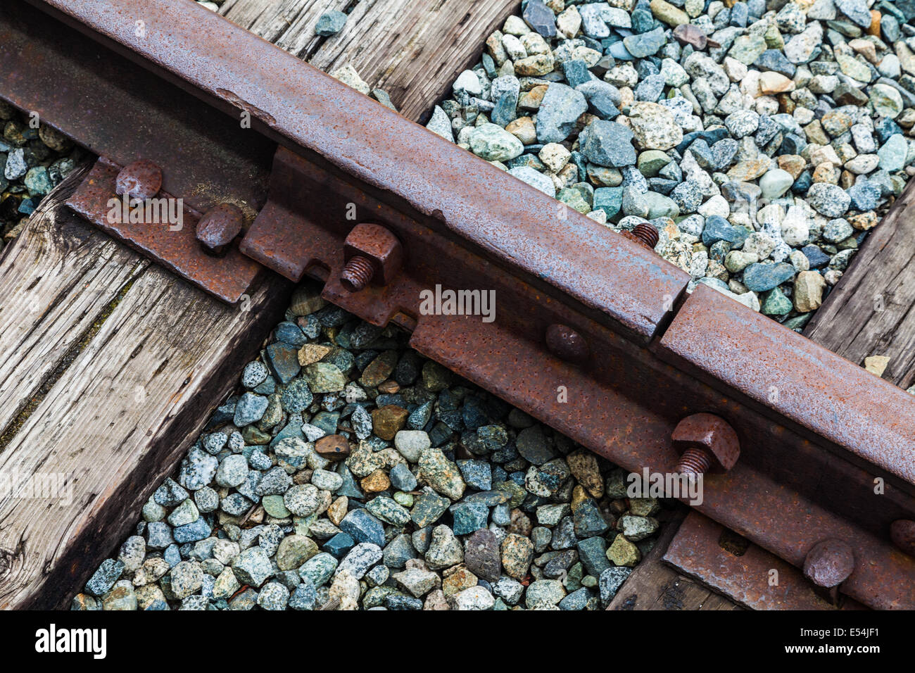 A joint between rails on a disused railway track, British Columbia, Canada Stock Photo