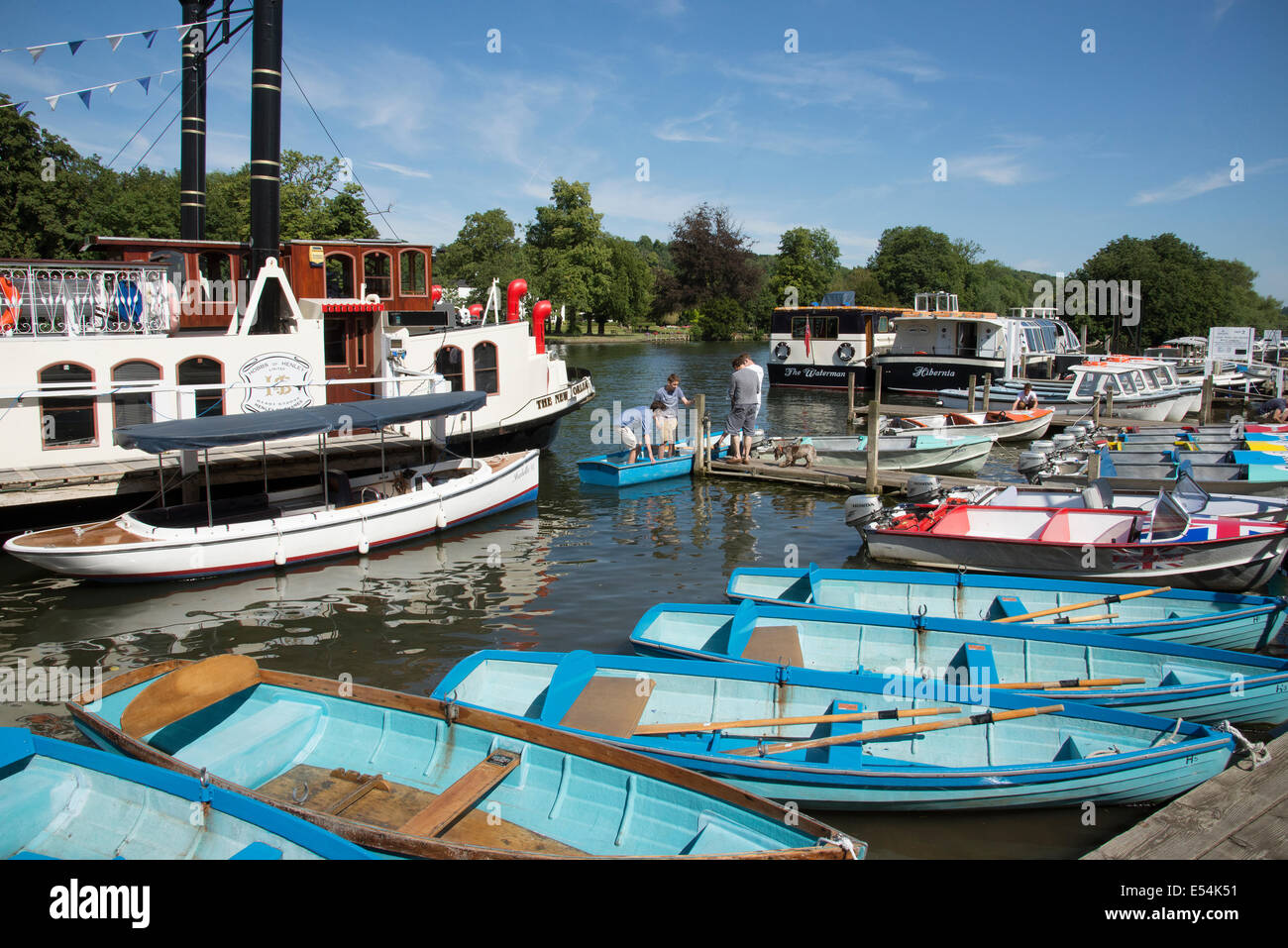 Boats for hire alongside River Thames at Henley on Thames Oxfordshire