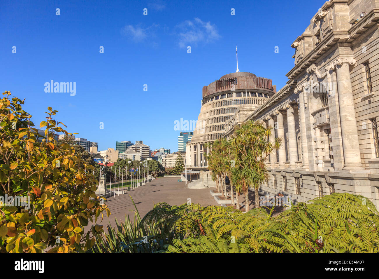 Beehive and Parliament House,Wellington,North Island,New Zealand,Oceania Stock Photo