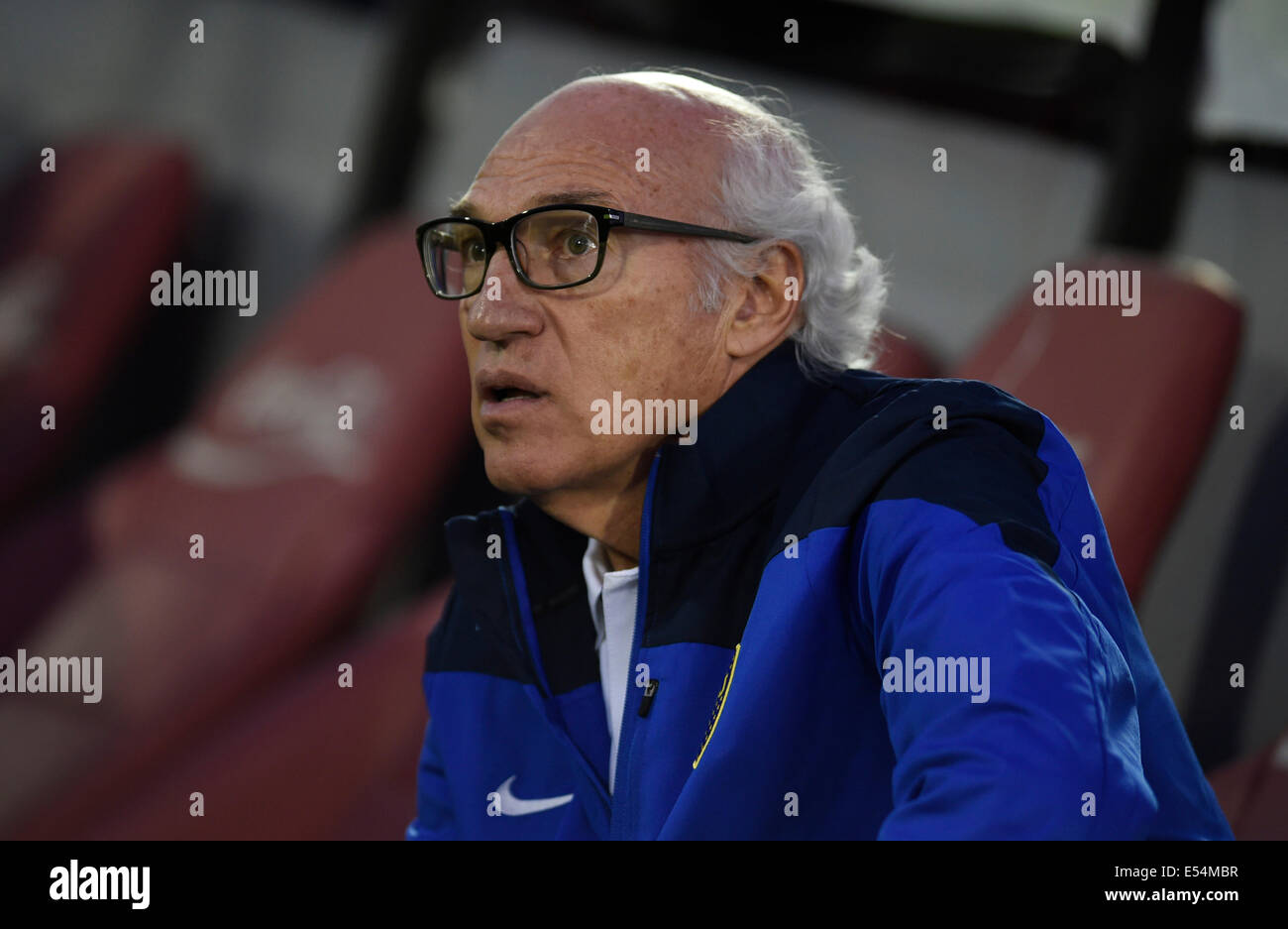 Montevideo, Uruguay. 20th July, 2014. Head coach Carlos Bianchi of Argentina's Boca Juniors reacts during a friendly match against Uruguay's Nacional at the Centenario Stadium in Montevideo, capital of Uruguay, on July 20, 2014. © Nicolas Celaya/Xinhua/Alamy Live News Stock Photo