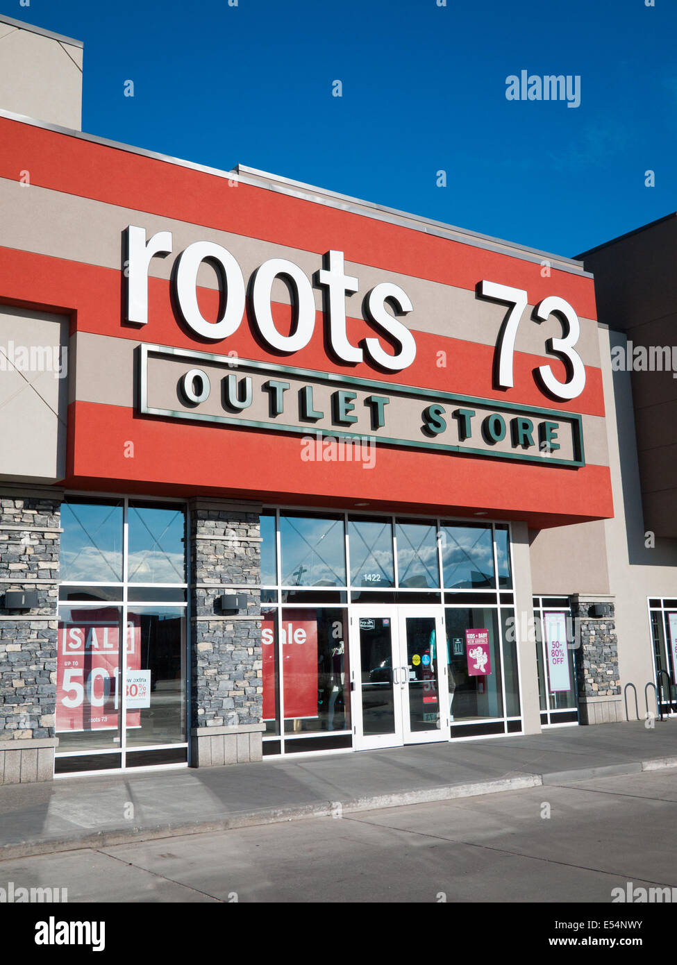 A Roots Canada Ltd. (roots 73, or Roots) outlet store at South Edmonton Common in Edmonton, Alberta, Canada. Stock Photo