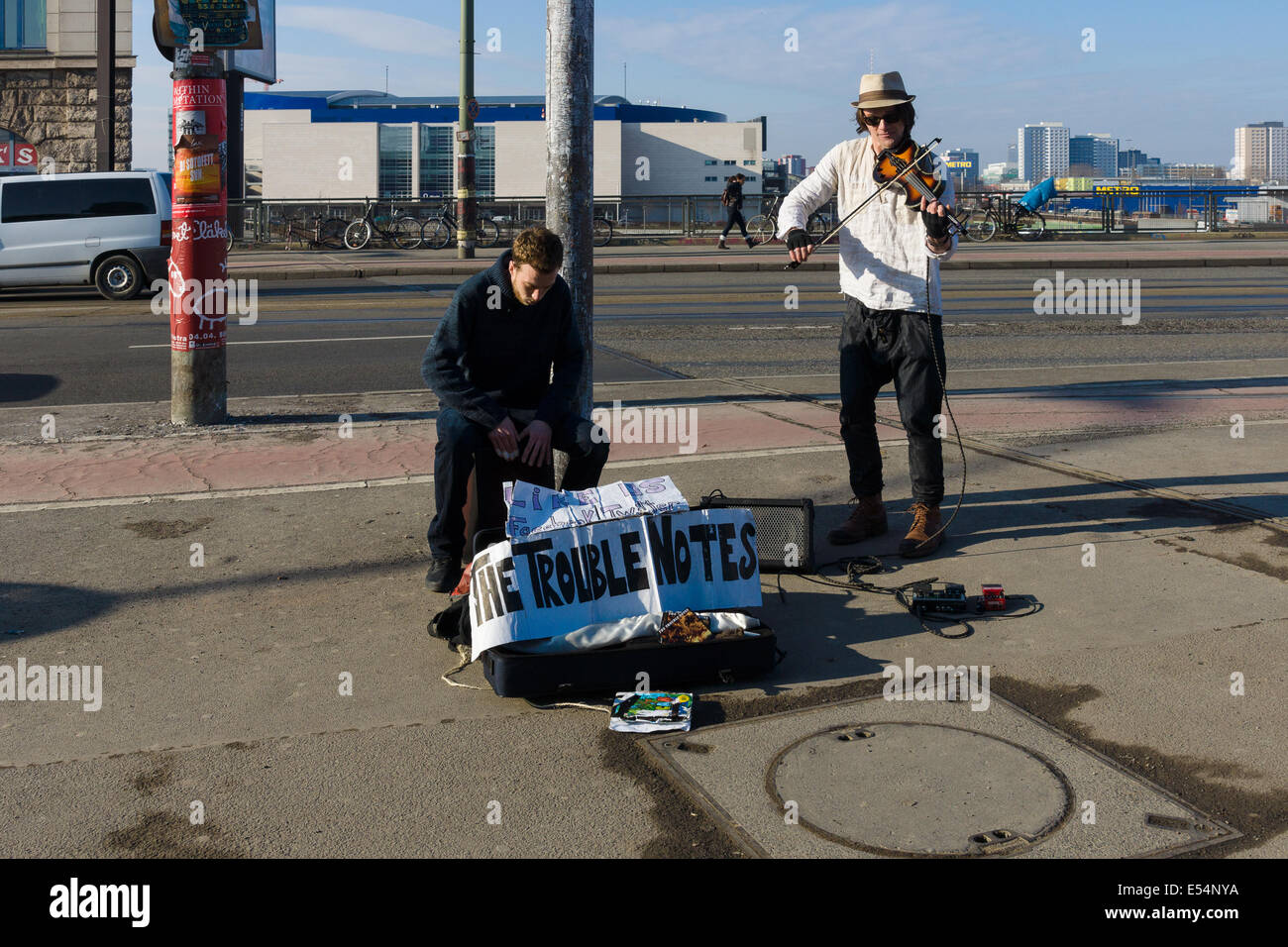 Street musicians in the area of transport interchange hub Warschauer Strasse. District Friedrichshain-Kreuzberg Stock Photo