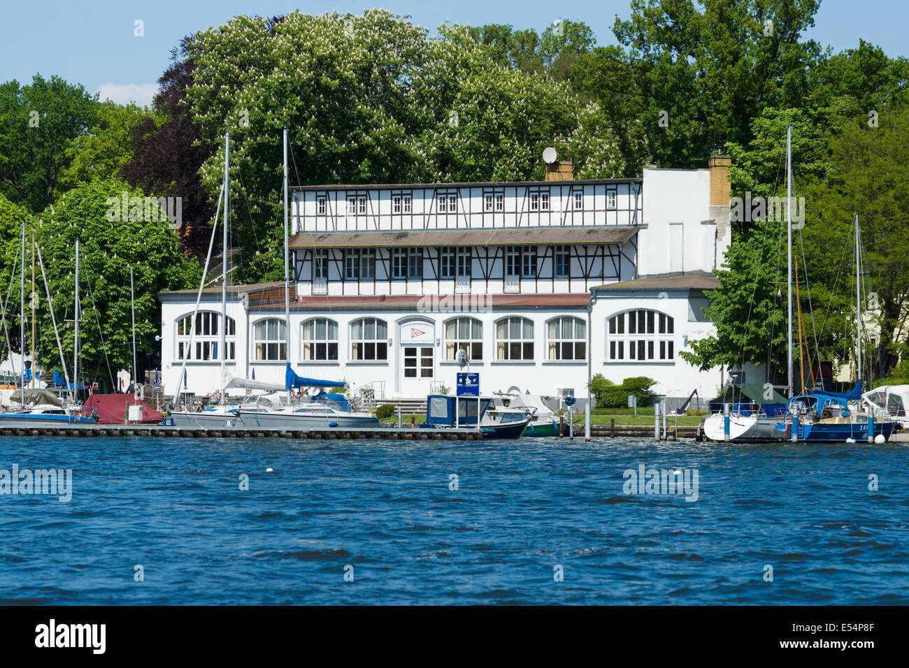 Yacht Club Wendenschloss on the river Dahme, tributary of the river Spree, the district of Treptow-Köpenick, Grunau Stock Photo