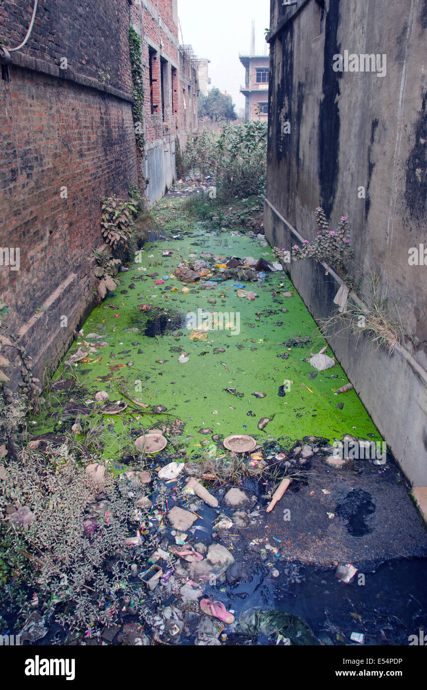water pollution dirty with rubbish sewer canal in Nepal. Ecology