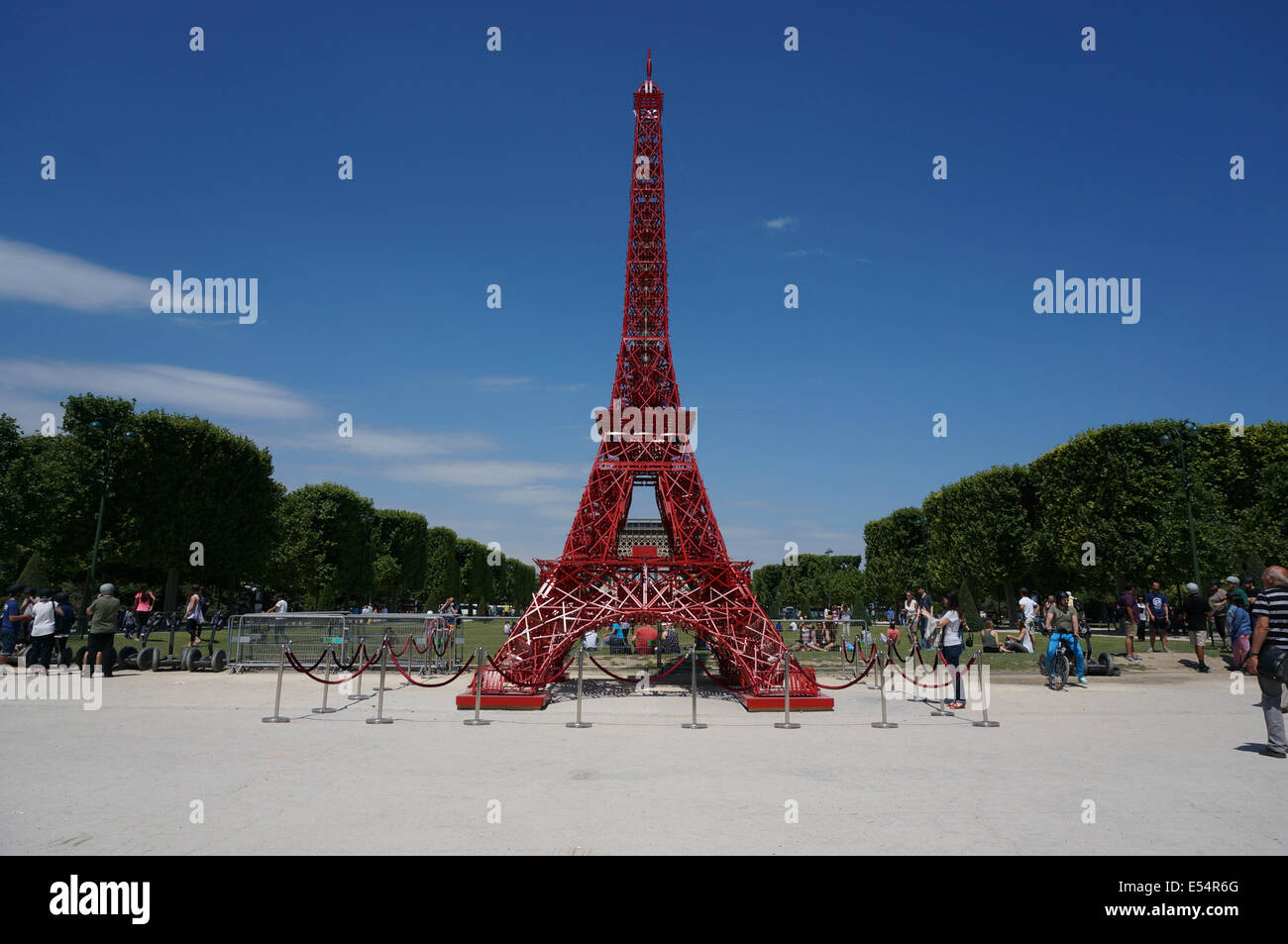 Societe Fermob celebrates 125 years of Eiffel Tower with a red scale model at Parc du Champ de Mars Paris Stock Photo