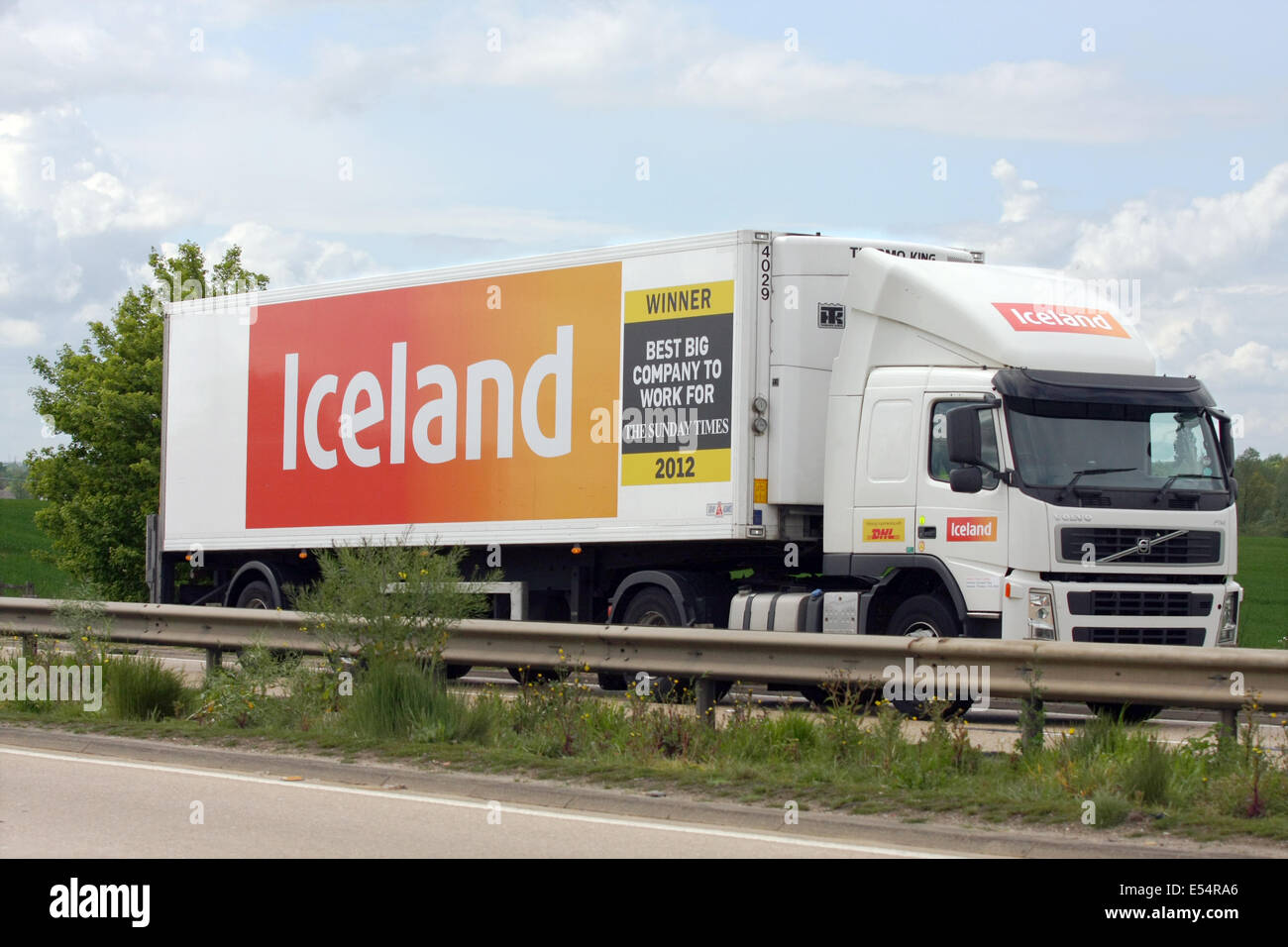 An Iceland truck traveling along the A12 dual carriageway in Essex, England Stock Photo