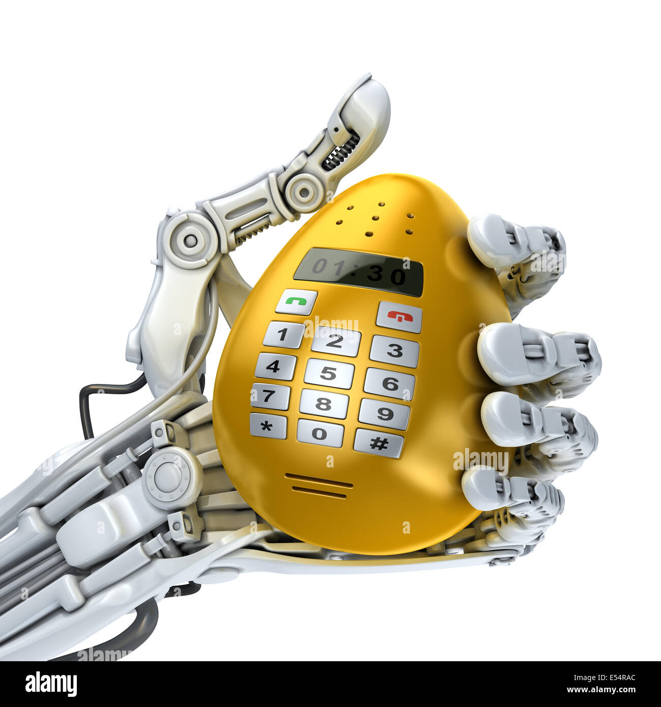Robot holds fantasy golden egg phone. Easter 3d illustration Stock Photo