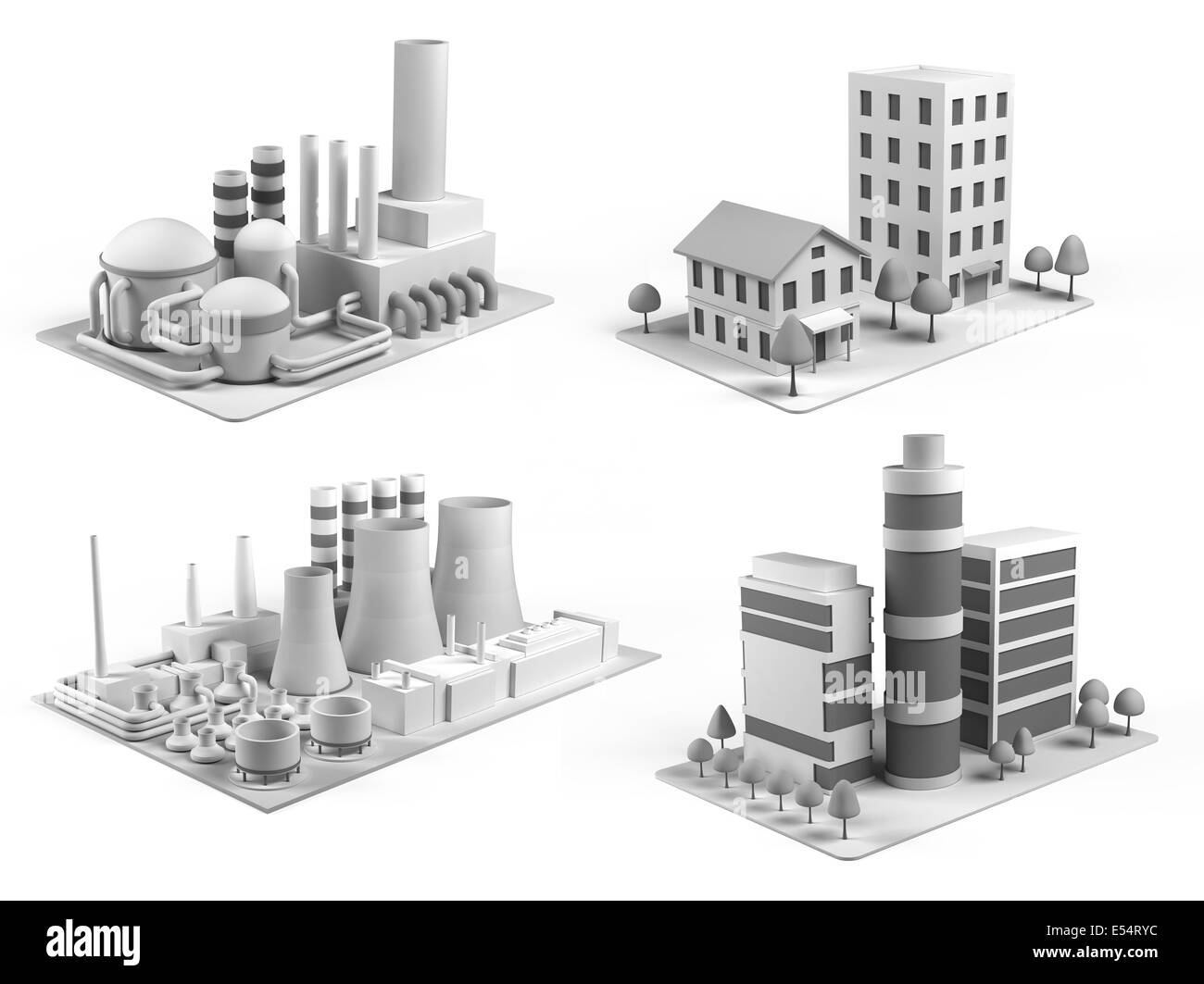 Set of different buildings, office center, powerhouse, factory and  dwelling house Stock Photo