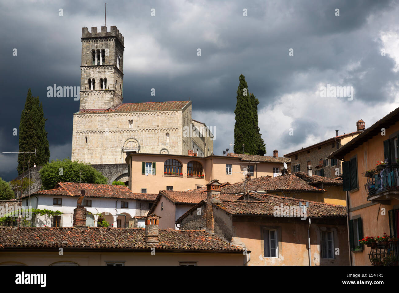 Duomo di San Cristoforo and hill town, Barga, Garfagnana, Tuscany, Italy, Europe Stock Photo