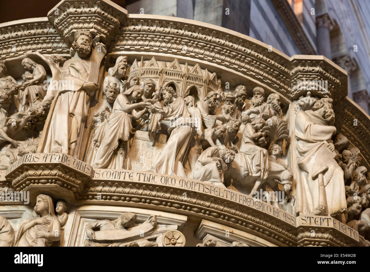 Detail of Pulpit (sculpted by Giovanni Pisano) inside the Duomo, Pisa, Tuscany, Italy, Europe Stock Photo