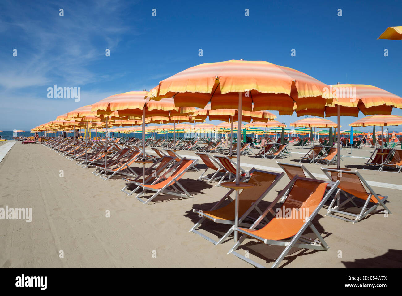 Beach umbrellas and loungers, Viareggio, Tuscany, Italy, Europe Stock Photo