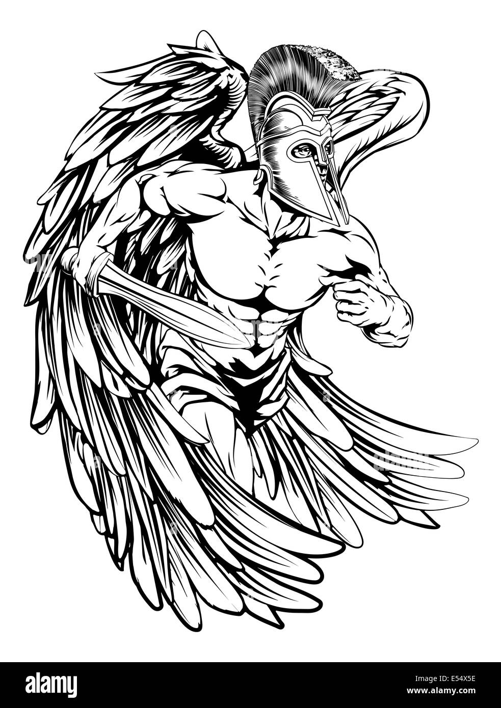 An illustration of a warrior angel character or sports mascot  in a trojan or Spartan style helmet holding a sword Stock Photo