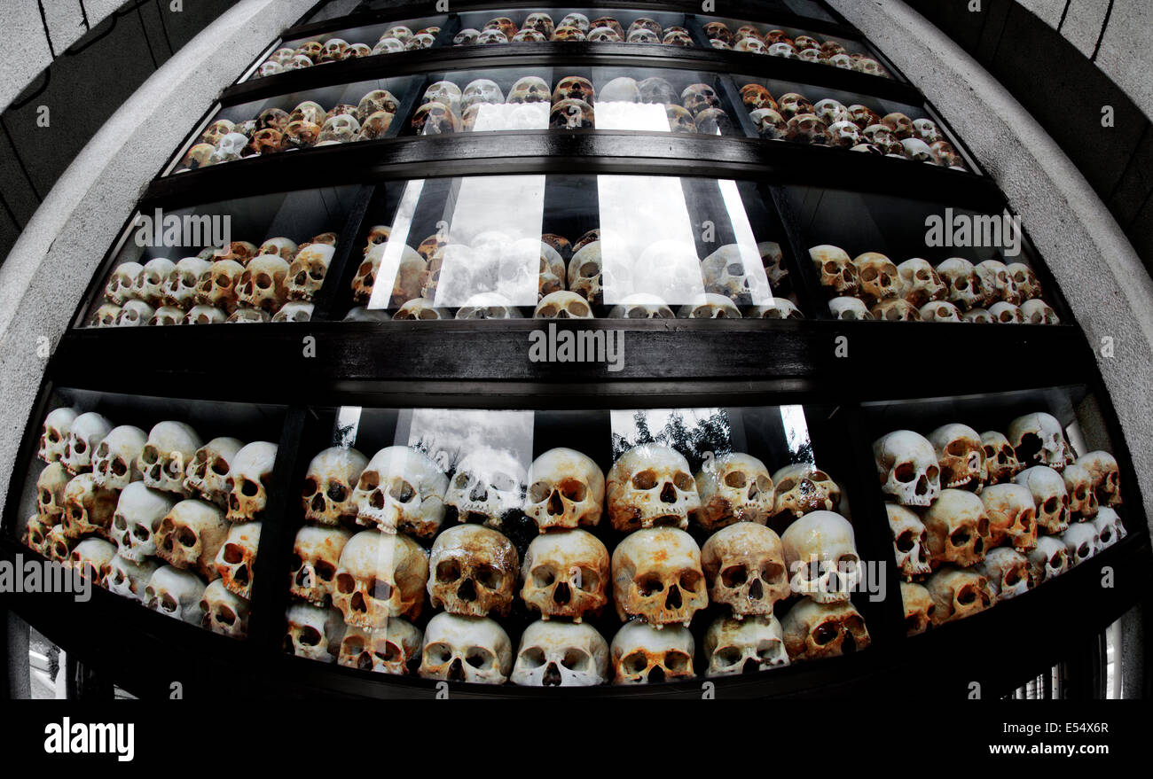 The Killing Fields, Human Skulls at Choeung Ek Genocide Memorial, Phnom Penh, Cambodia. Stock Photo