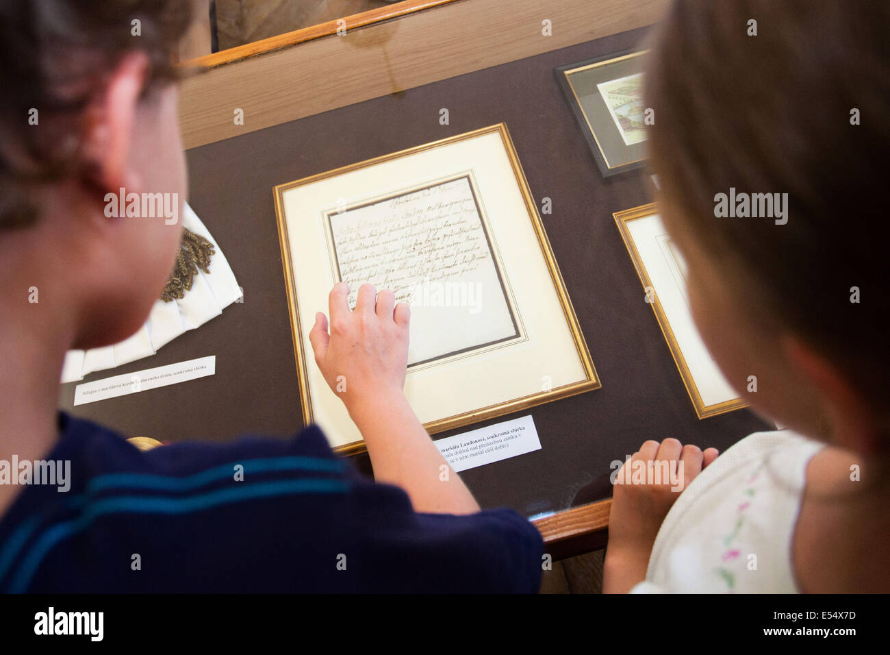Exhibition at the castle in Bystrice pod Hostynem reminds a life of the last aristocratic owners of the castle. On display is for example a letter from the Empress Maria Theresa to Marshal Laudon. Letter is seen during the opening in Bystrice pod Hostynem, Czech Republic, July 19, 2014. (CTK Photo/Josef Omelka) Stock Photo