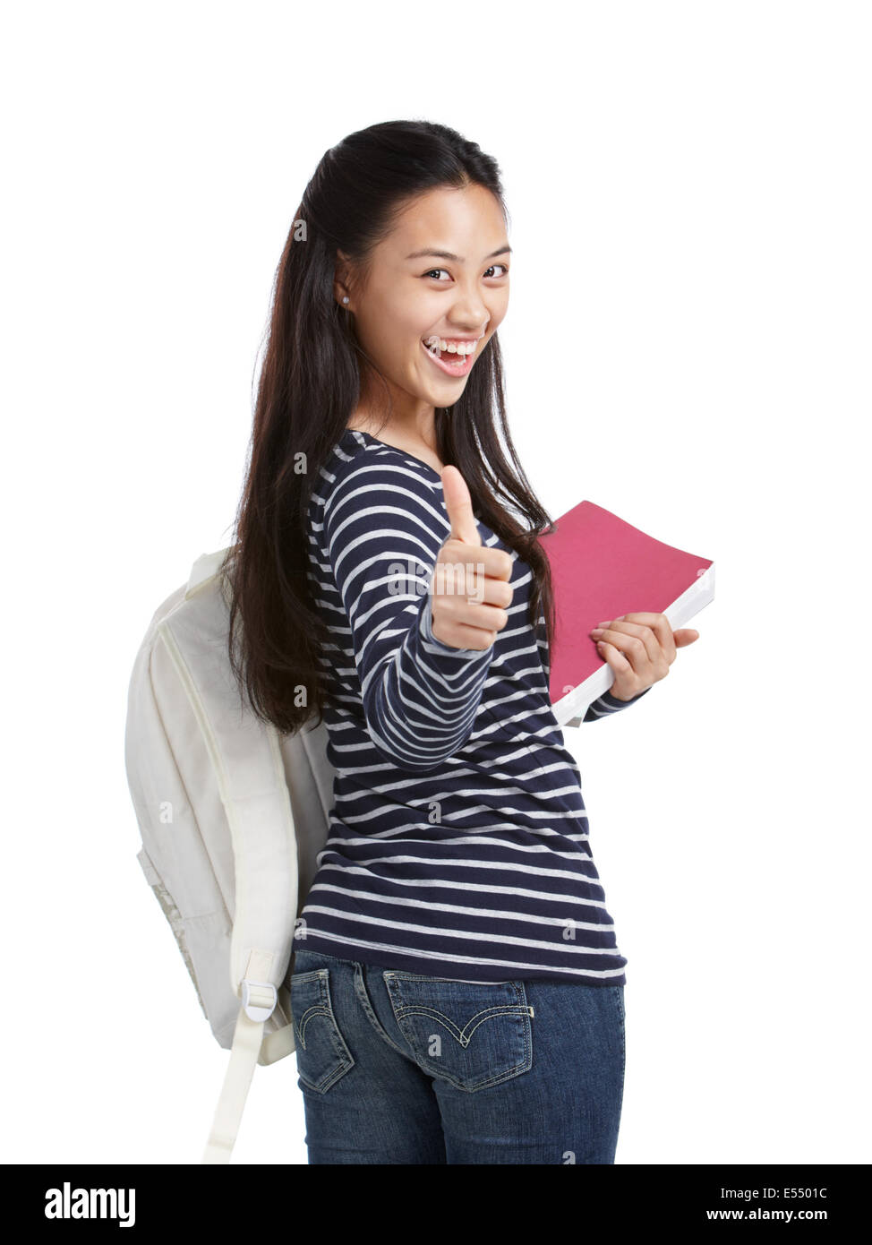 cheerful college student turning back and showed thumbs up Stock Photo ...