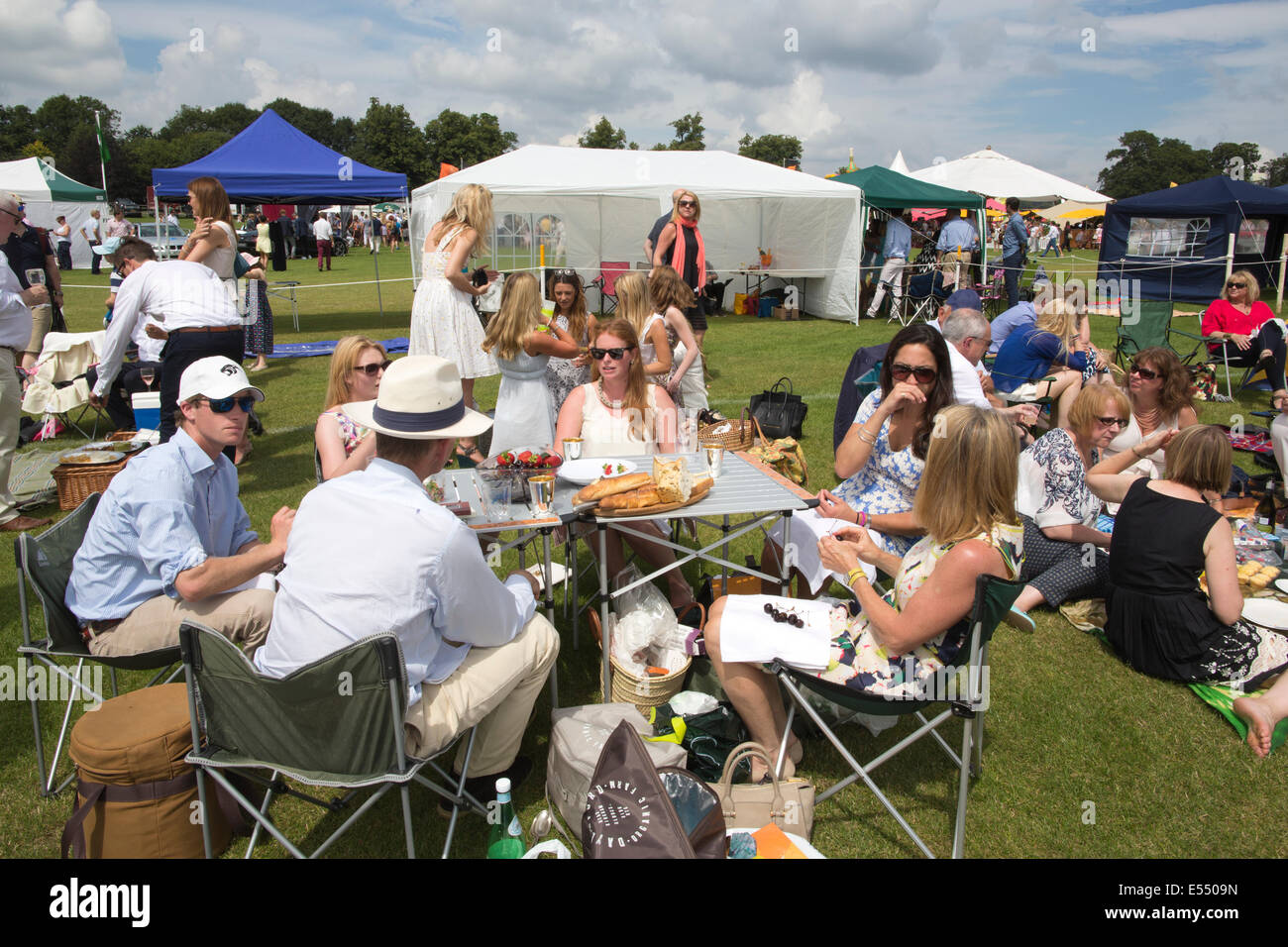 Spectators enjoy picnics at Veuve Clicquot Gold Cup, British Open Polo Championship, Cowdray Park Polo Club, Midhurst England UK Stock Photo