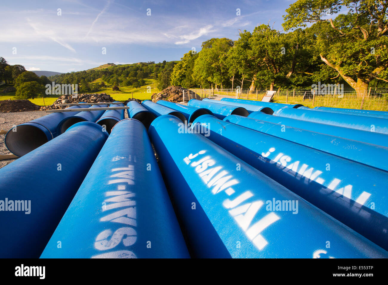 Hdro pipes for the New Rydal Hall Hydro electric scheme, Ambleside, Lake District, UK. Stock Photo