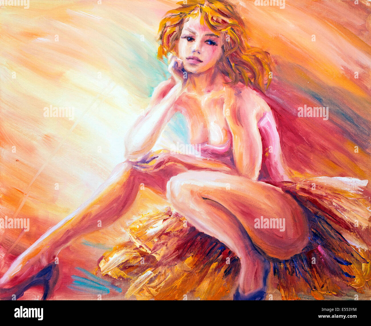 Beautiful resting dancer. Oil painting. Stock Photo