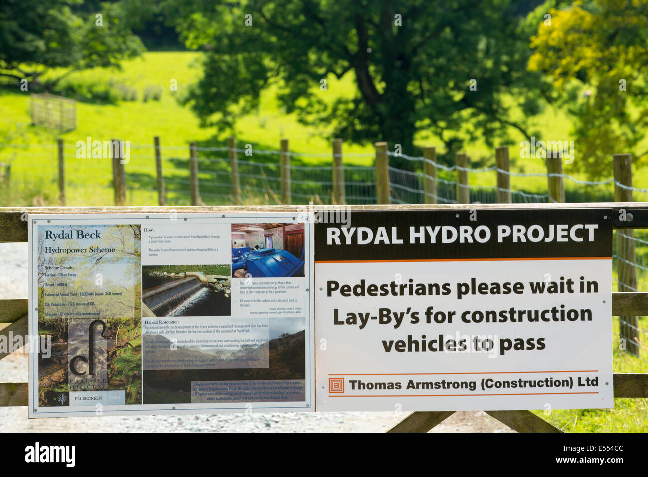 A sign about the New Rydal Hall Hydro electric scheme, Ambleside, Lake District, UK. Stock Photo
