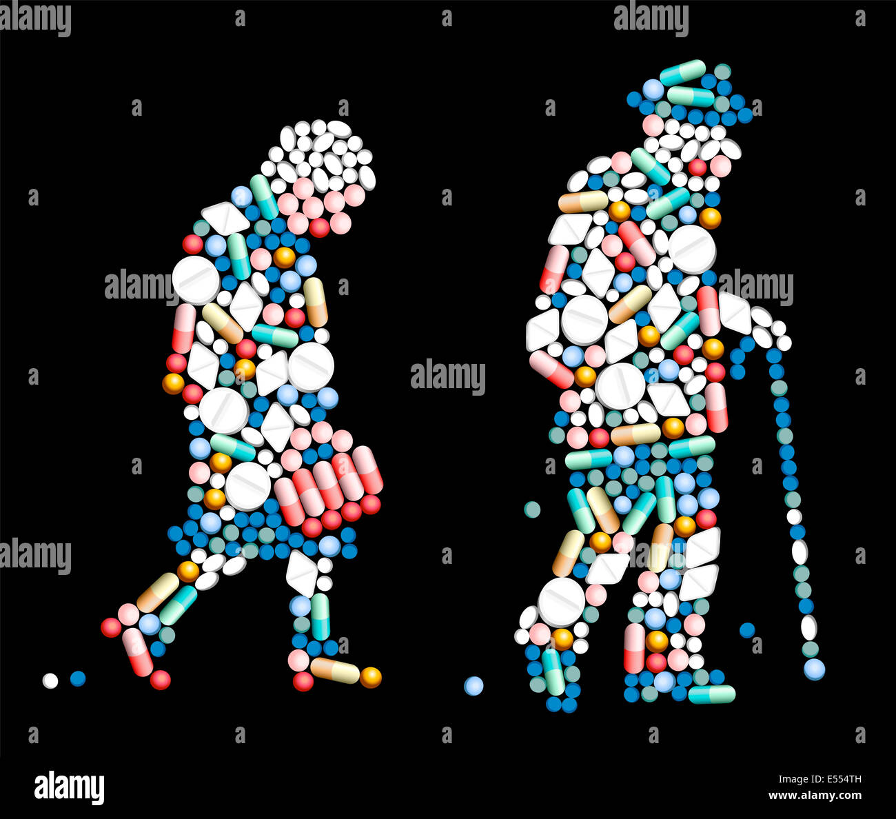 Tablets, pills and capsules, that shape the silhouette of an old woman and an old man. Stock Photo