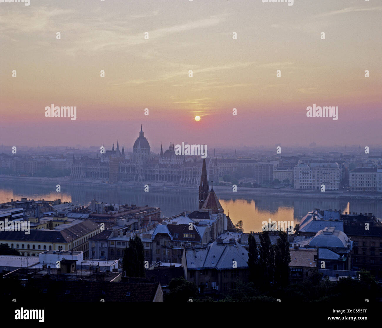 Skyline of city at sunset showing the River Danube, Budapest, Hungary ...