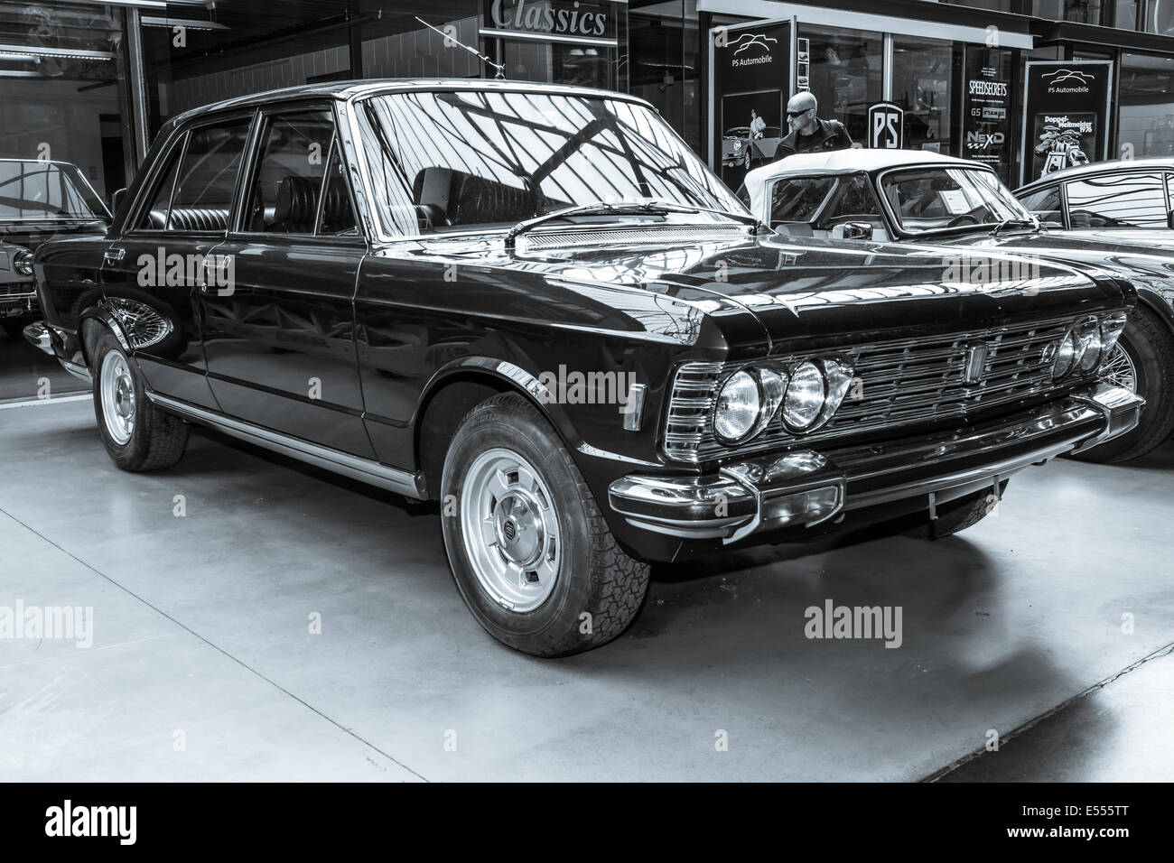 BERLIN, GERMANY - MAY 17, 2014: Executive car Fiat 130. Black and white. 27th Oldtimer Day Berlin - Brandenburg Stock Photo