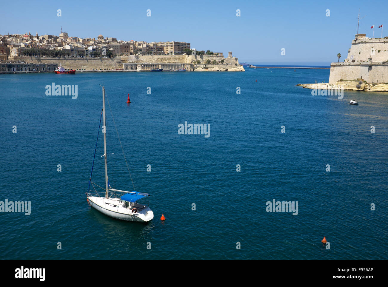 Left Promontory View to Valletta (Siege Bell Memorial at edge of left promontory) with ...