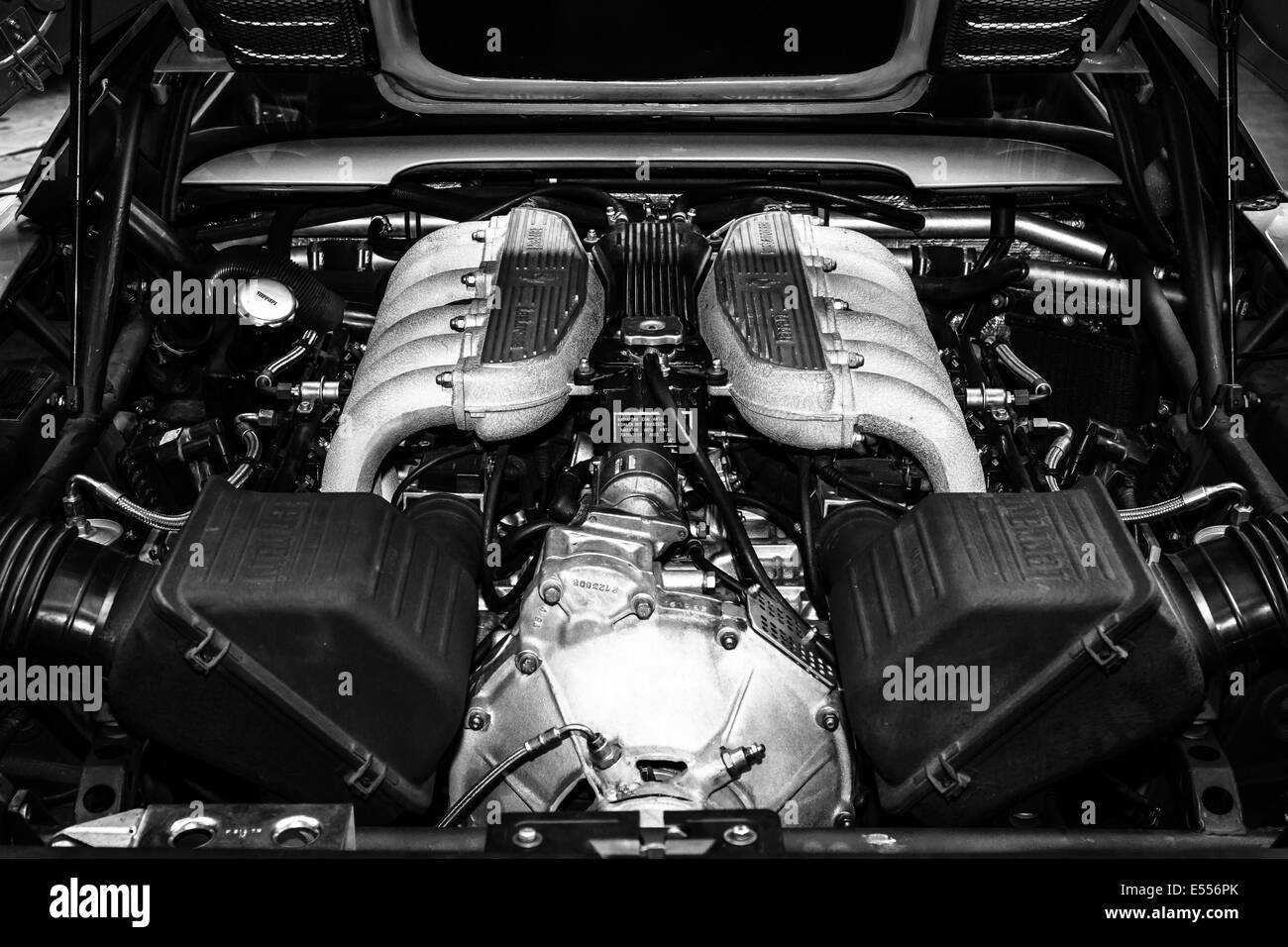 Engine of a sports car Ferrari Testarossa (Type F110). Black and white. 27th Oldtimer Day Berlin - Brandenburg Stock Photo