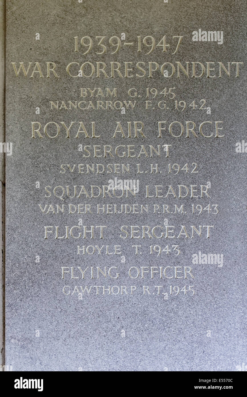 Panel 292 at the Air Forces Memorial Runnymede with names added after its dedication in 1953 including War Correspondents Stock Photo